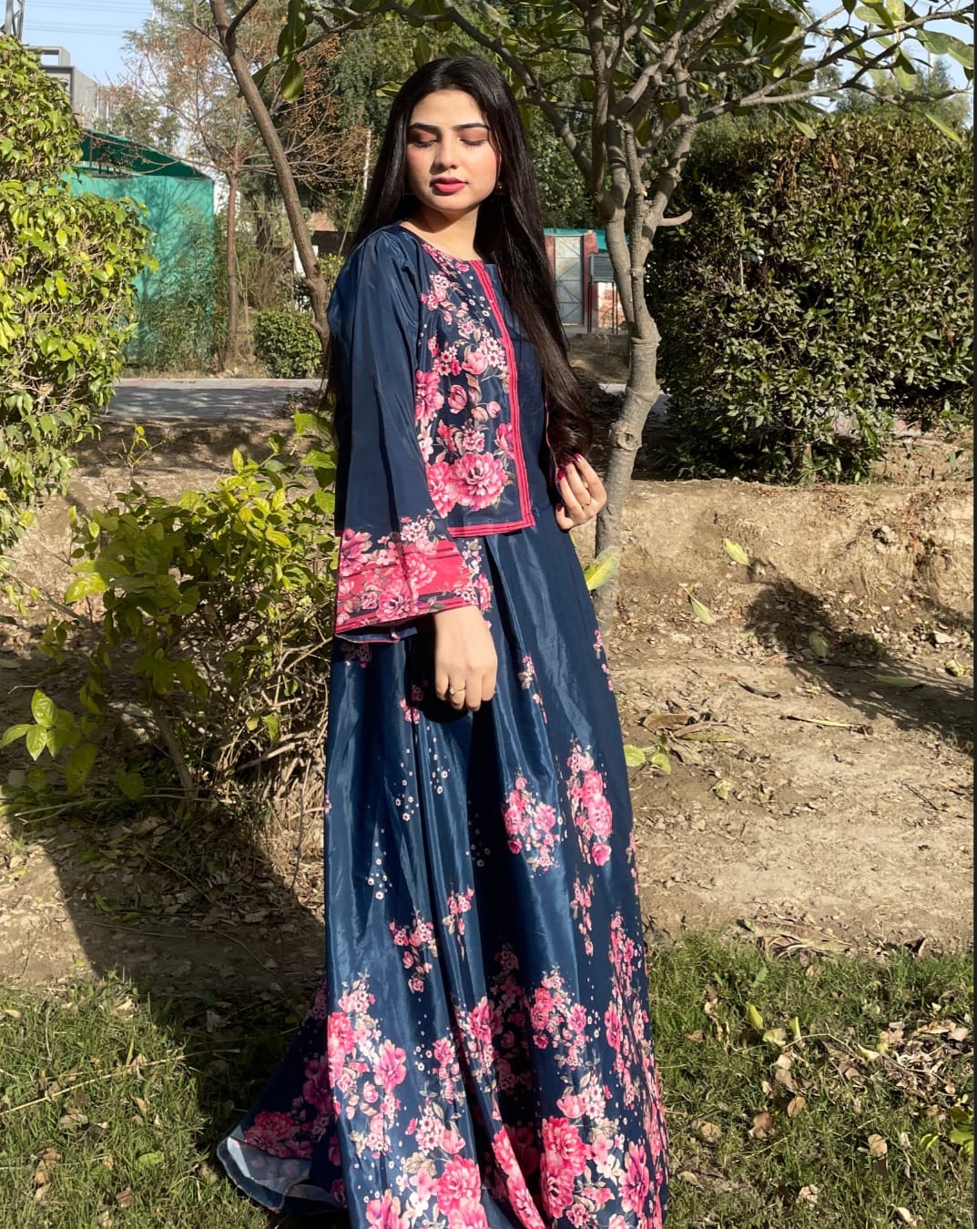 Navy Blue Embroidered Katan Silk Maxi Suit 3 Pcs Set