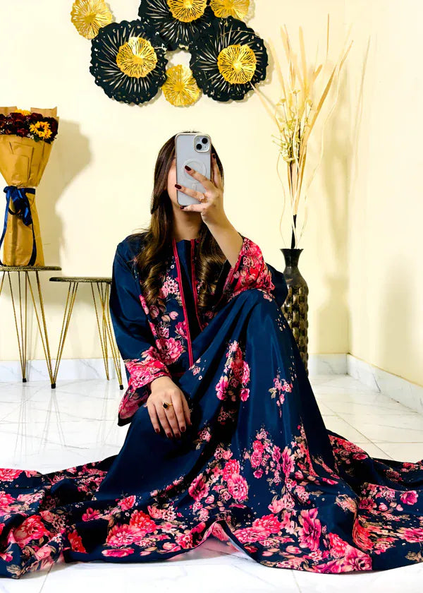 Navy Blue Embroidered Katan Silk Maxi Suit 3 Pcs Set