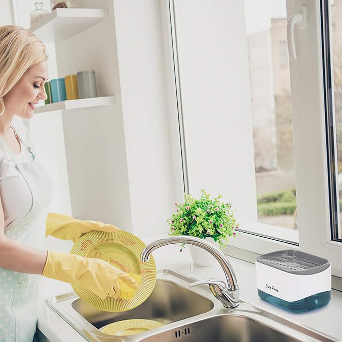 Kitchen Dish Soap Dispenser with Sponge Holder, 2-in-1 Countertop Soap Pump Dispenser
