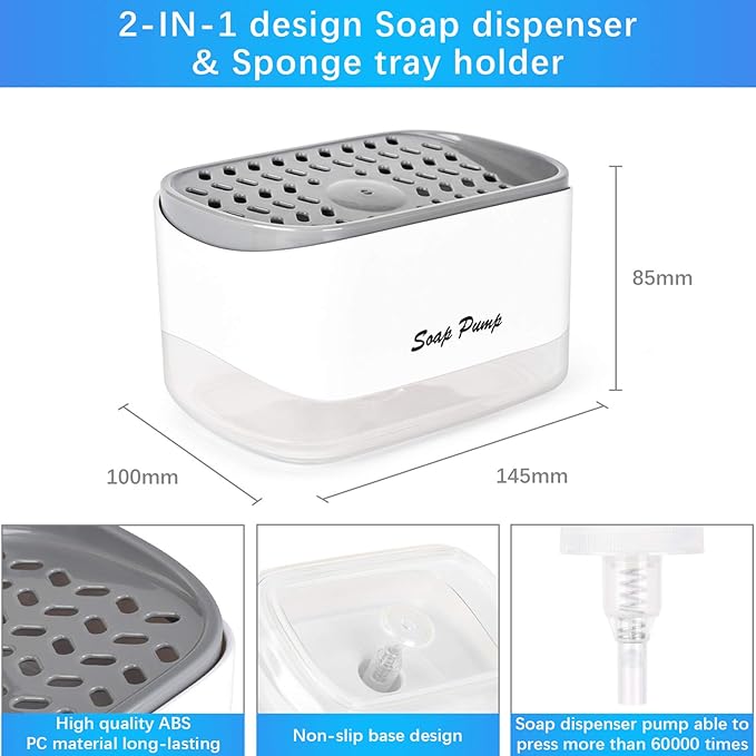 Kitchen Dish Soap Dispenser with Sponge Holder, 2-in-1 Countertop Soap Pump Dispenser