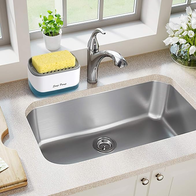 Kitchen Dish Soap Dispenser with Sponge Holder, 2-in-1 Countertop Soap Pump Dispenser