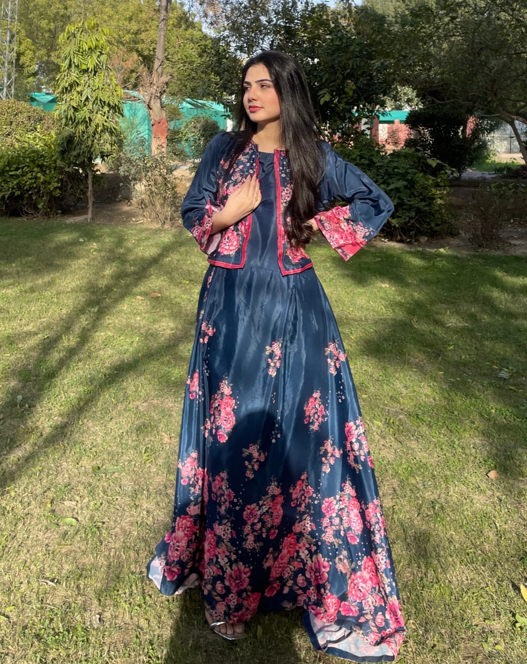 Navy Blue Embroidered Katan Silk Maxi Suit 3 Pcs Set